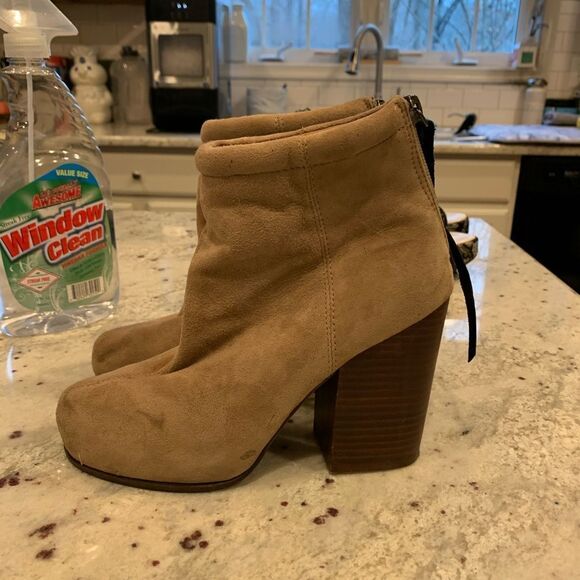 Jeffrey Campbell Havana Last Tan Wooden Stacked Heel Bootie sz 7-1/2 - Picture 1 of 5
